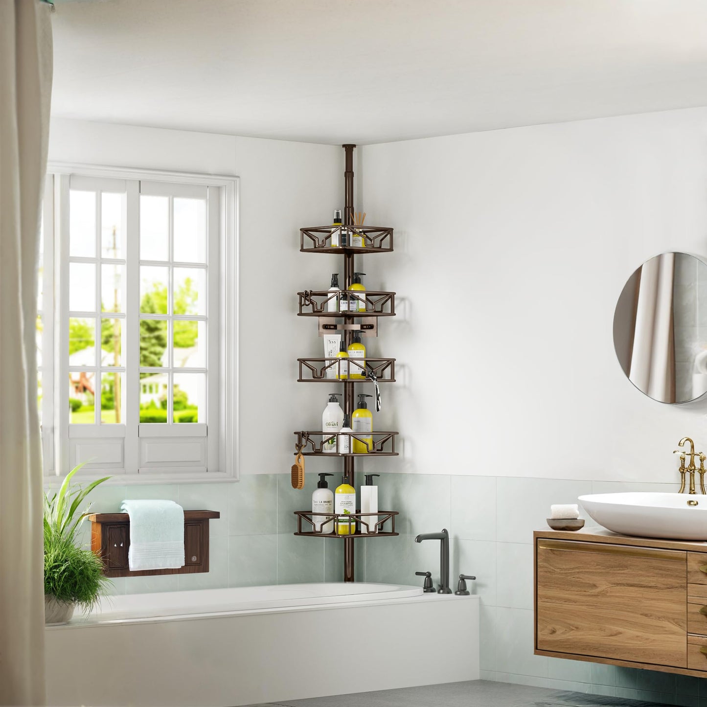 Corner Shower Caddy Tension Pole 5 Tier Adjustable Rustproof Bathroom Shower Organizer Hooks Storage Rack