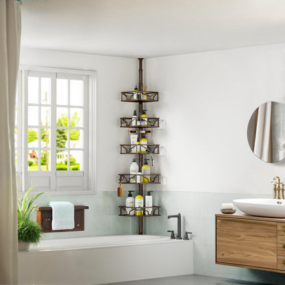 Corner Shower Caddy Tension Pole 5 Tier Adjustable Rustproof Bathroom Shower Organizer Hooks Storage Rack