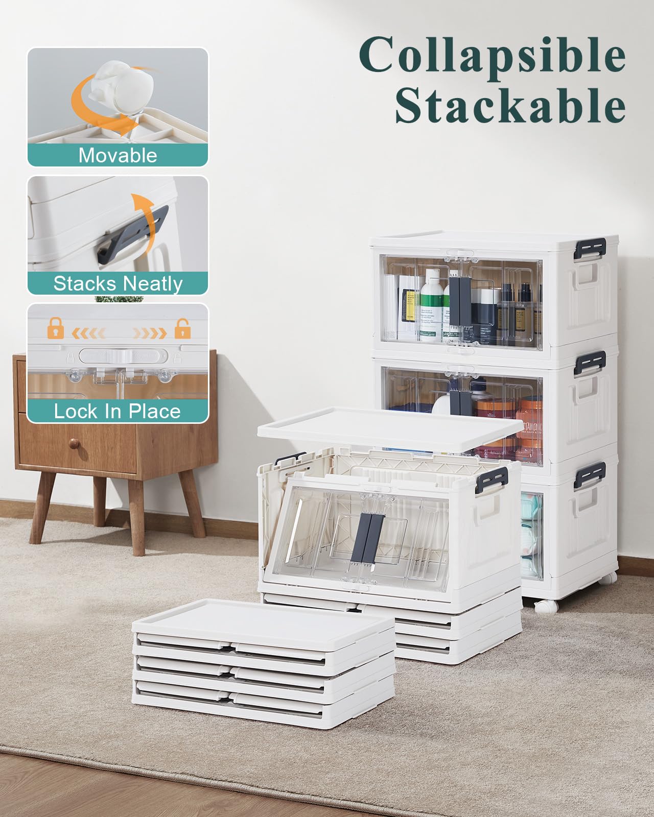 Folding Storage Bins with Doors and Wheels Collapsible Plastic Closet Storage Organizer Stackable Storage Boxes