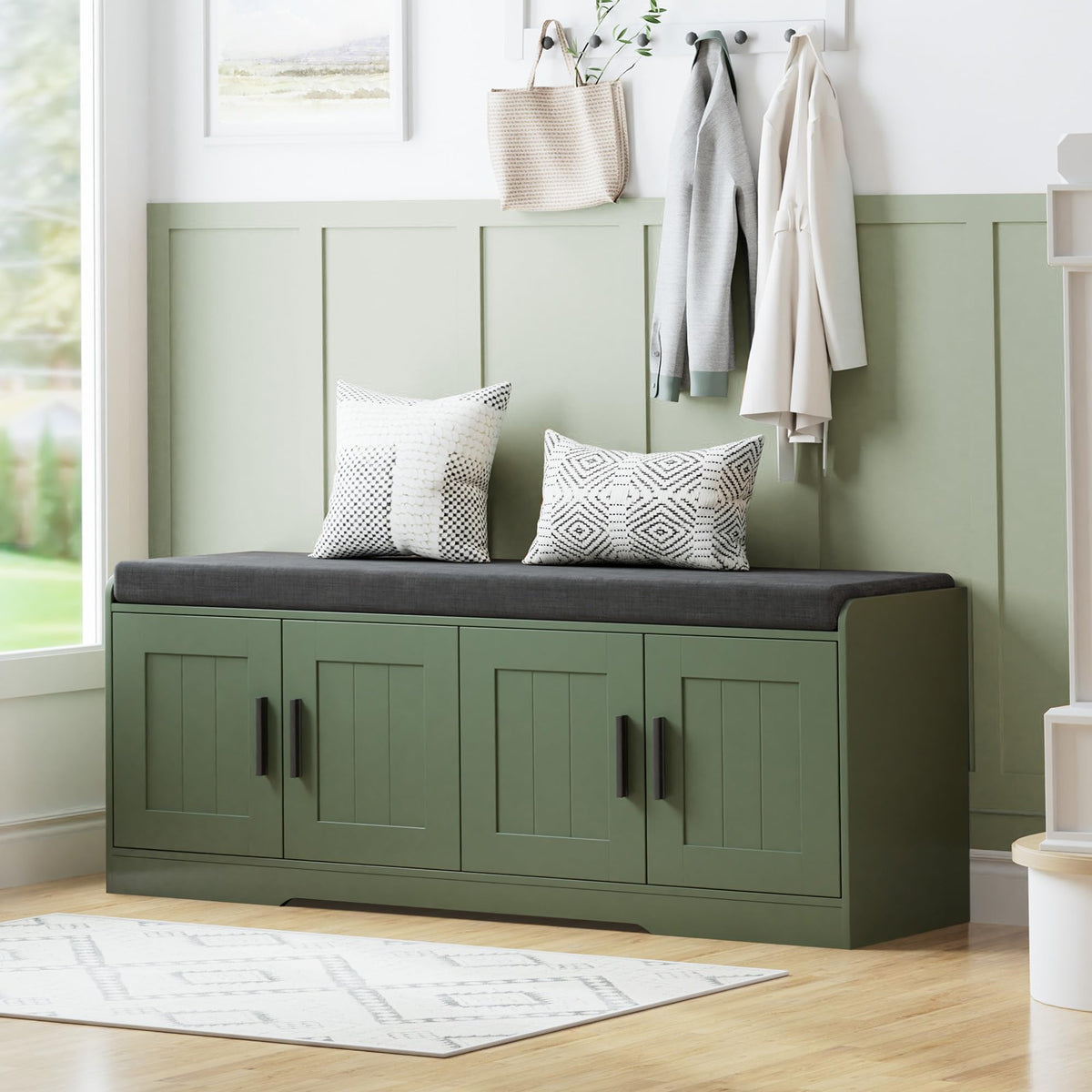 Shoe Bench Storage Bench with Cushion Doors Adjustable Shelf Entryway Bedroom Organizer