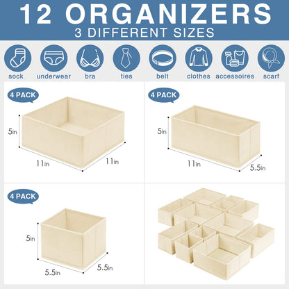 Drawer Organizer 12 Pack Foldable Fabric Closet Storage Bins Underwear Socks Bra Tie Organizer