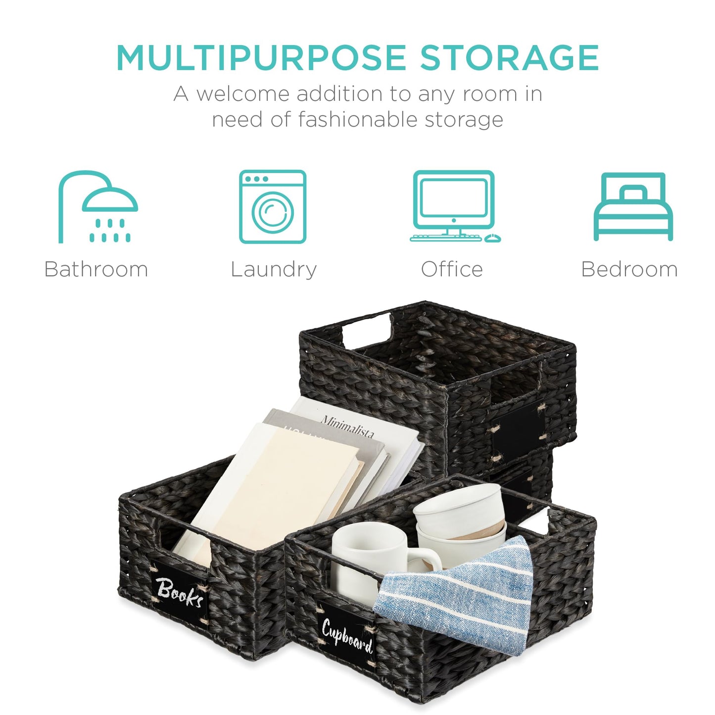 Woven Water Hyacinth Pantry Storage Baskets with Chalkboard Labels Set of 2