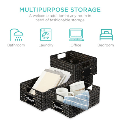 Woven Water Hyacinth Pantry Storage Baskets with Chalkboard Labels Set of 2
