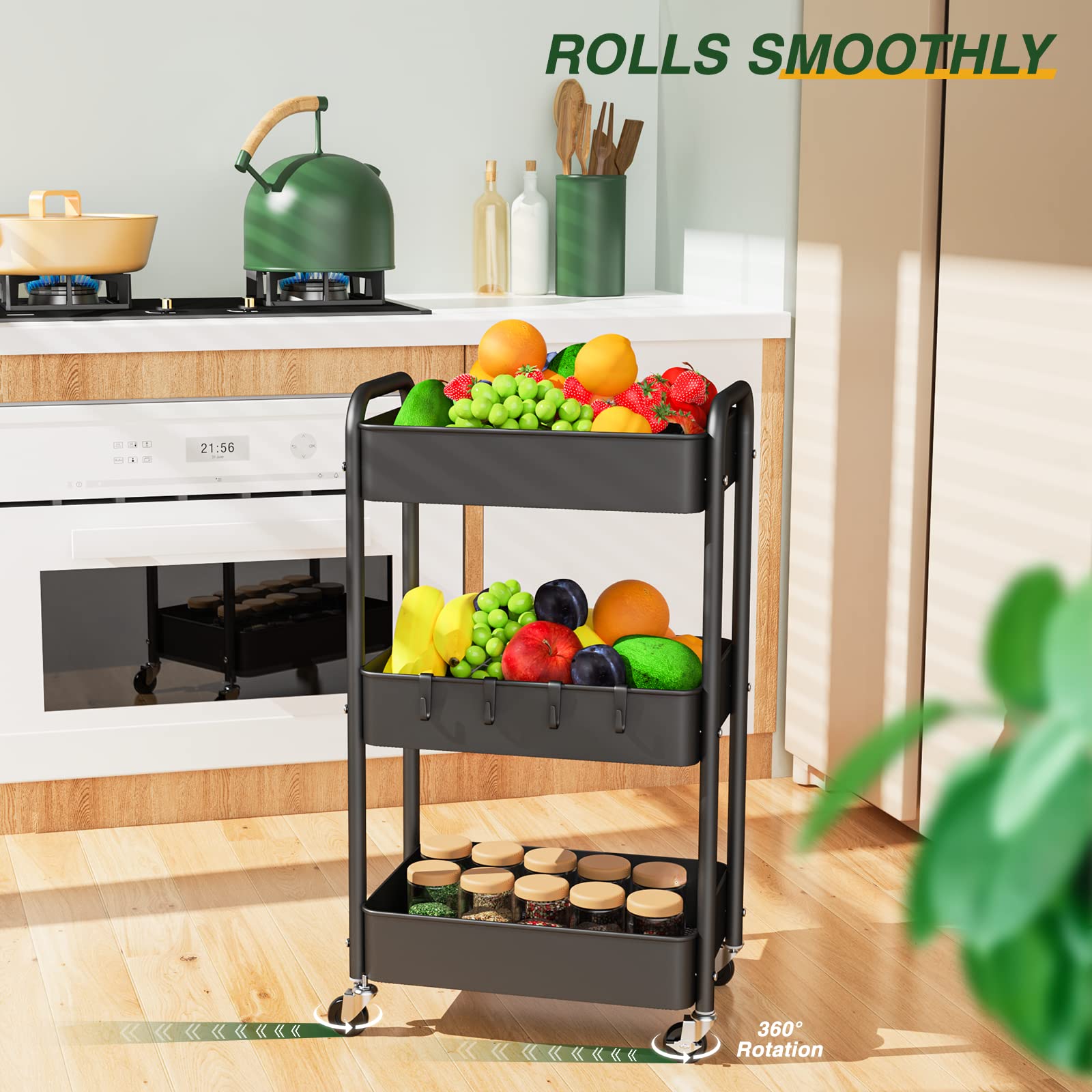LEHOM 3 Tier Rolling Storage Cart, Metal Trolley Utility Cart