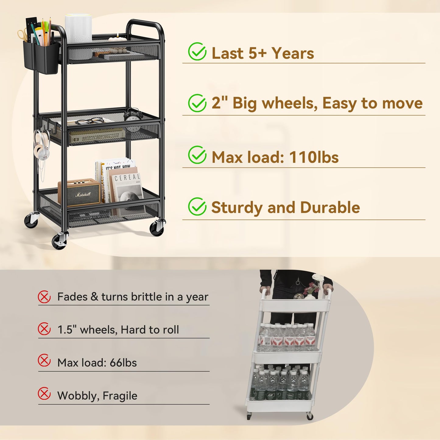 YASONIC 3 Tier Rolling Cart Metal Utility Storage Cart with Wheels