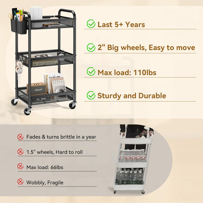 YASONIC 3 Tier Rolling Cart Metal Utility Storage Cart with Wheels