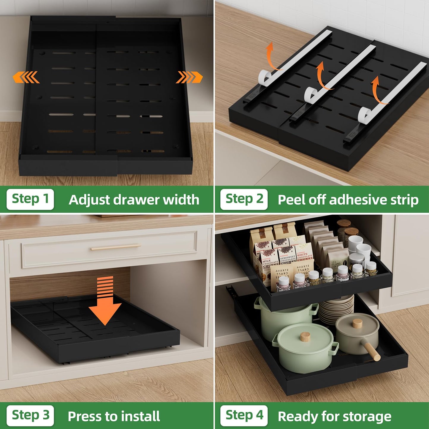 Pull Out Cabinet Organizer Expandable Sliding Drawer Kitchen Cabinet Storage Rack Adhesive Nano Film System