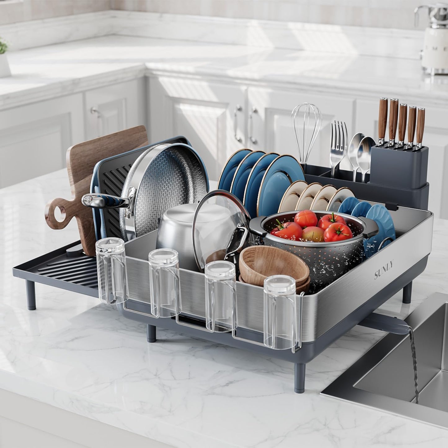 Expandable Dish Drying Rack Kitchen Counter Dish Drainer Stainless Steel Extendable Spout Space Saving Dish Rack