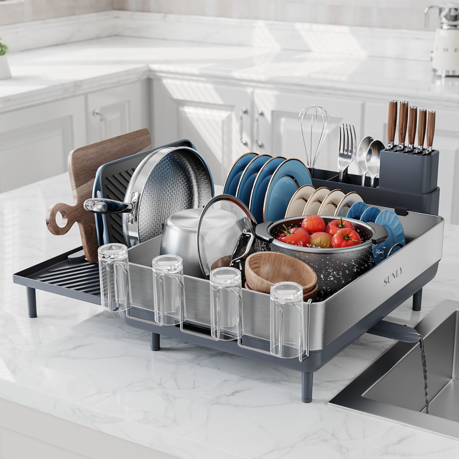 Expandable Dish Drying Rack Kitchen Counter Dish Drainer Stainless Steel Extendable Spout Space Saving Dish Rack
