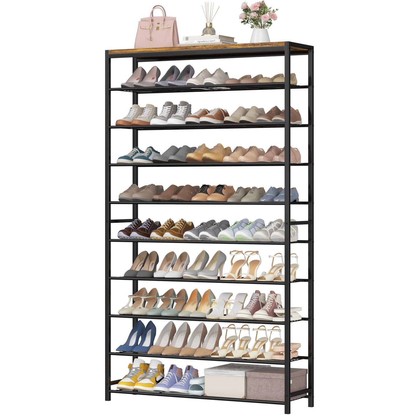 Industrial Shoe Storage Shelf Narrow Entryway Shoe Rack Closet Organizer Metal Wood Storage Shelf