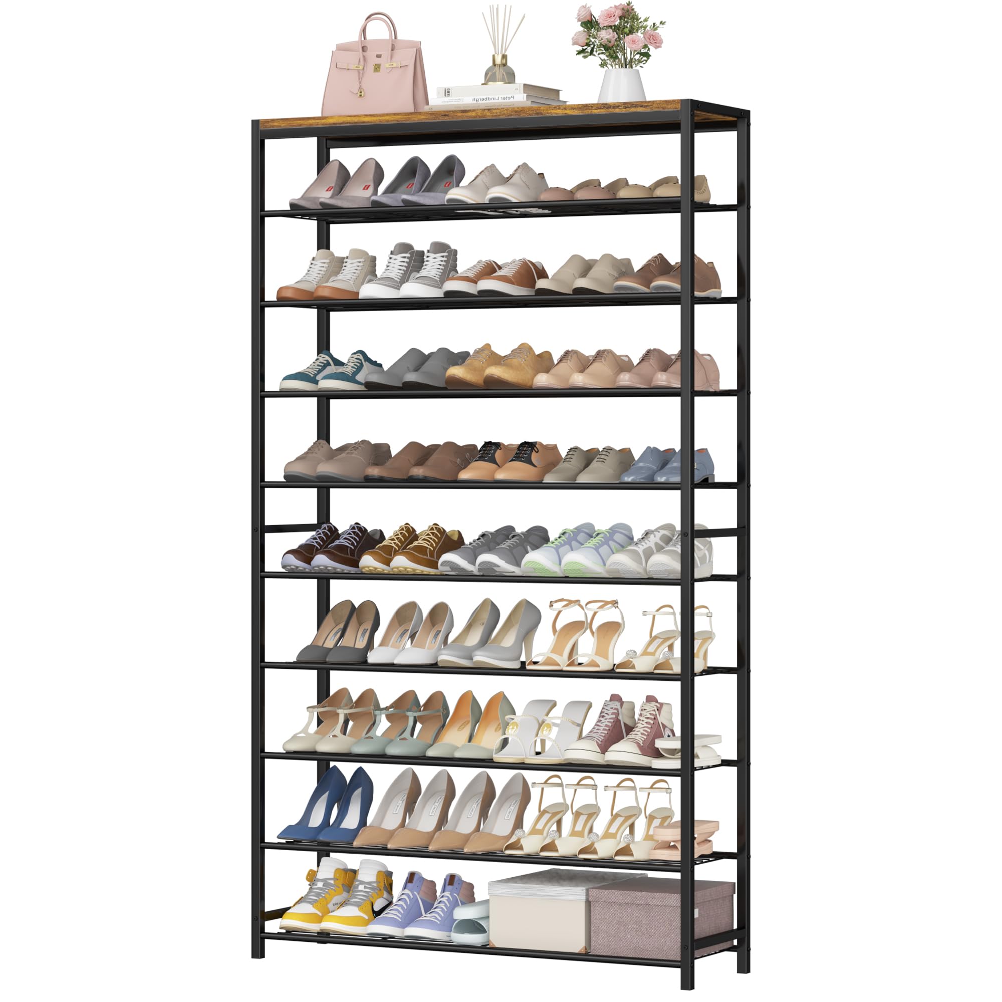 Industrial Shoe Storage Shelf Narrow Entryway Shoe Rack Closet Organizer Metal Wood Storage Shelf
