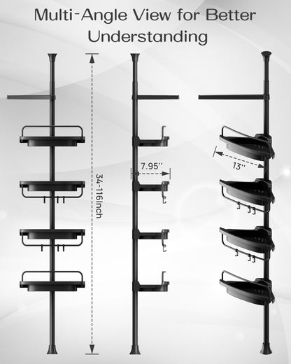 Corner Shower Caddy Tension Pole 4 Tier Rustproof Adjustable Bathroom Organizer Shelves Shower Storage Rack