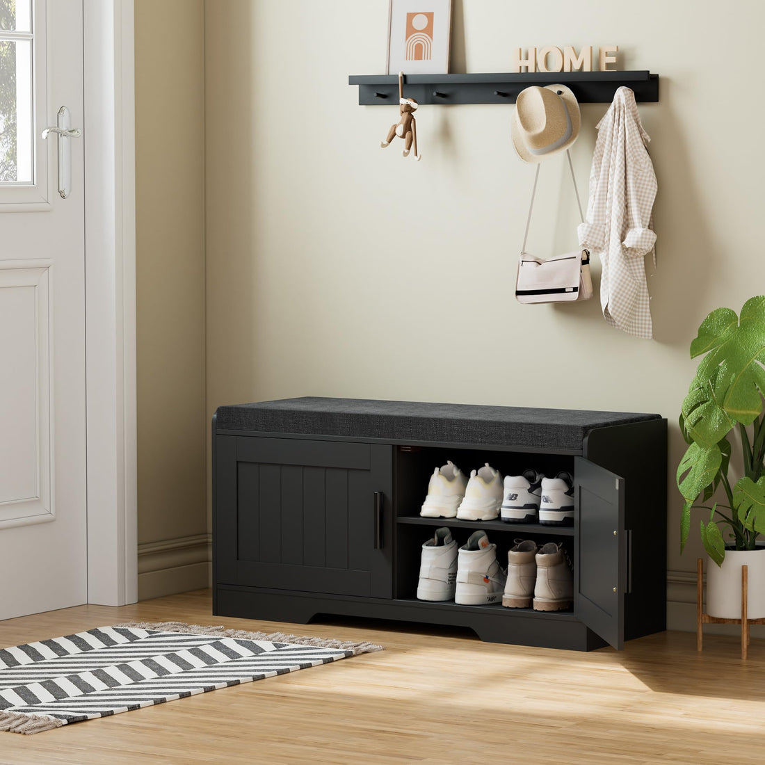 Shoe Bench Storage Bench with Cushion Doors Adjustable Shelf Entryway Bedroom Organizer