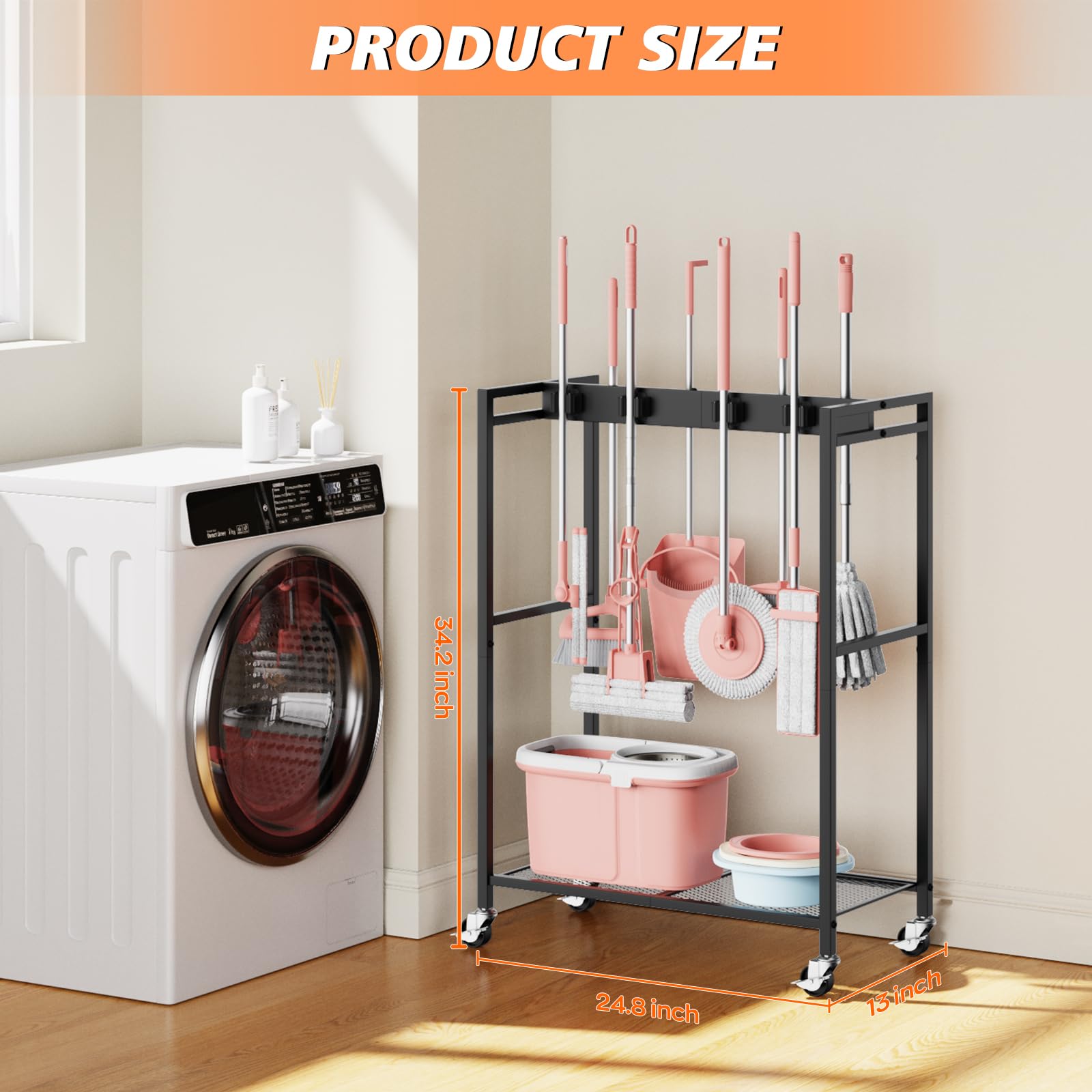 Broom and Mop Holder Closet Storage Cabinet Cleaning Supplies Organizer Mop Rack Storage System