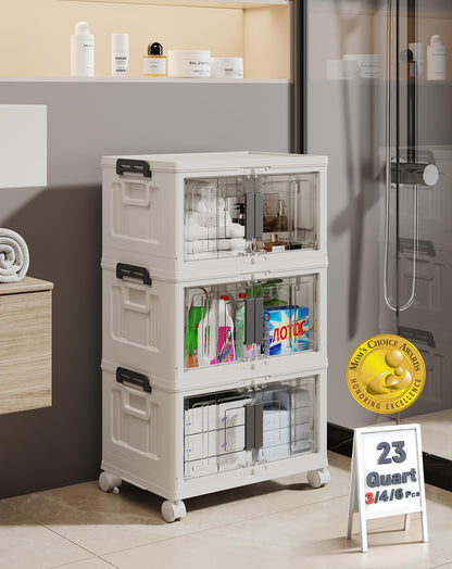 Folding Storage Bins with Doors and Wheels Collapsible Plastic Closet Storage Organizer Stackable Storage Boxes