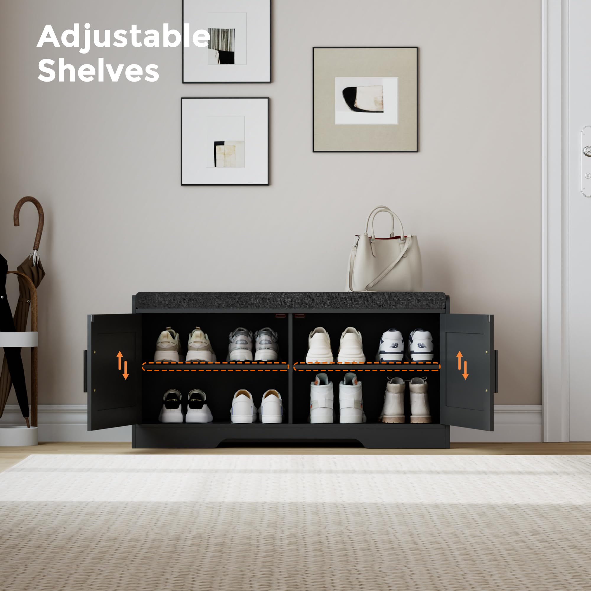 Shoe Bench Storage Bench with Cushion Doors Adjustable Shelf Entryway Bedroom Organizer