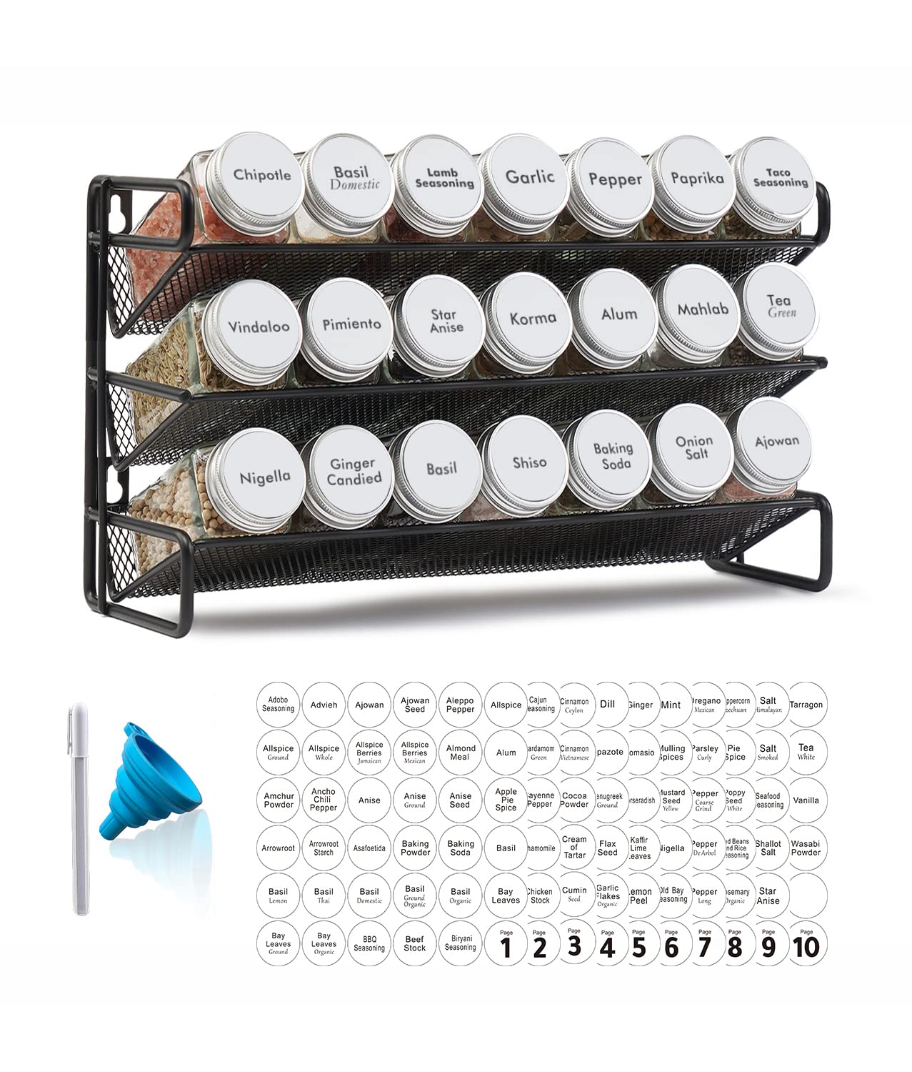 Spice Rack Organizer with Jars Labels Marker Funnel Cabinet Pantry Wall Mount Storage Set