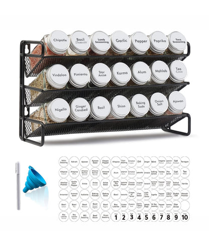 Spice Rack Organizer with Jars Labels Marker Funnel Cabinet Pantry Wall Mount Storage Set