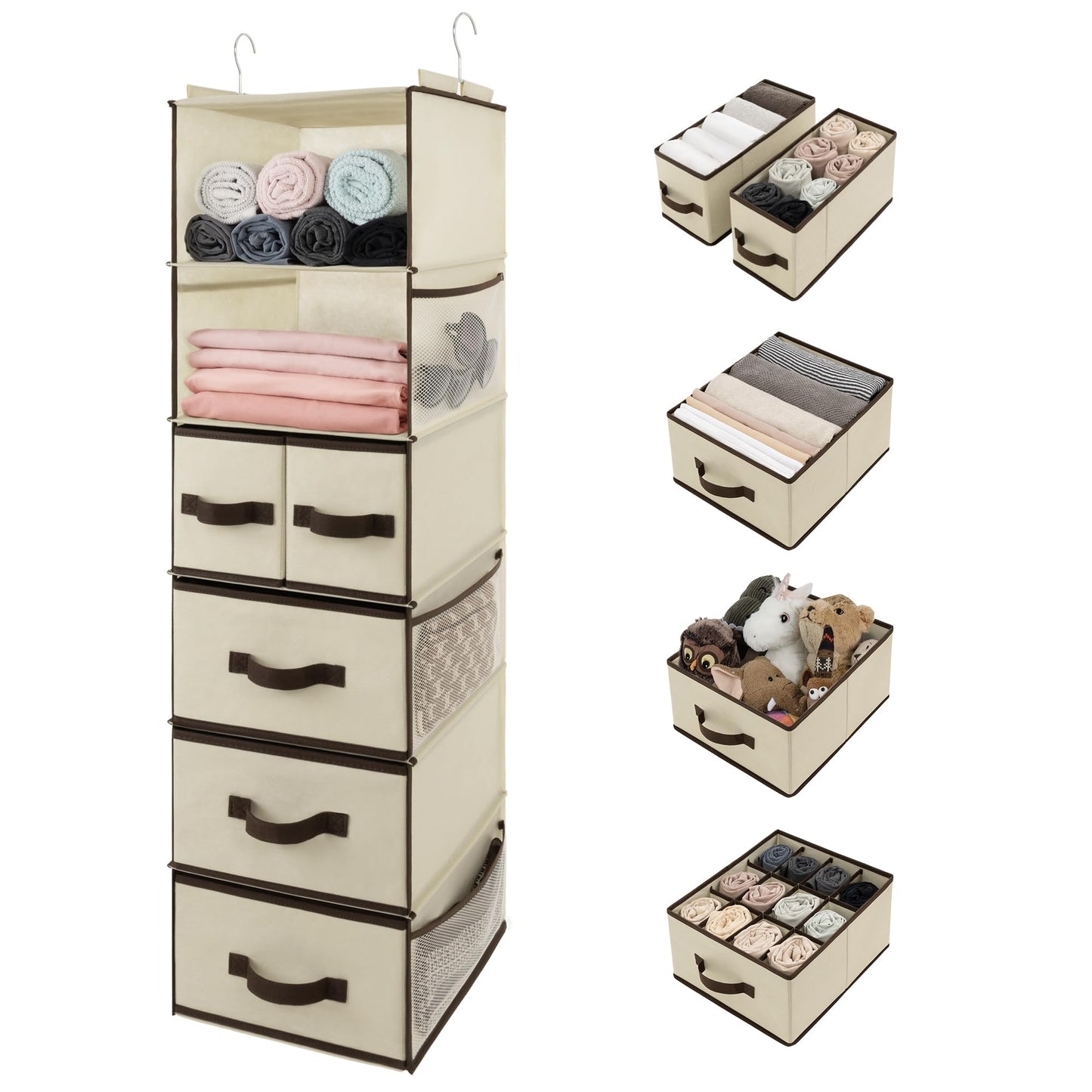 Hanging Closet Organizer 6 Shelf Storage Organizer with Drawers Side Pockets Closet Storage System