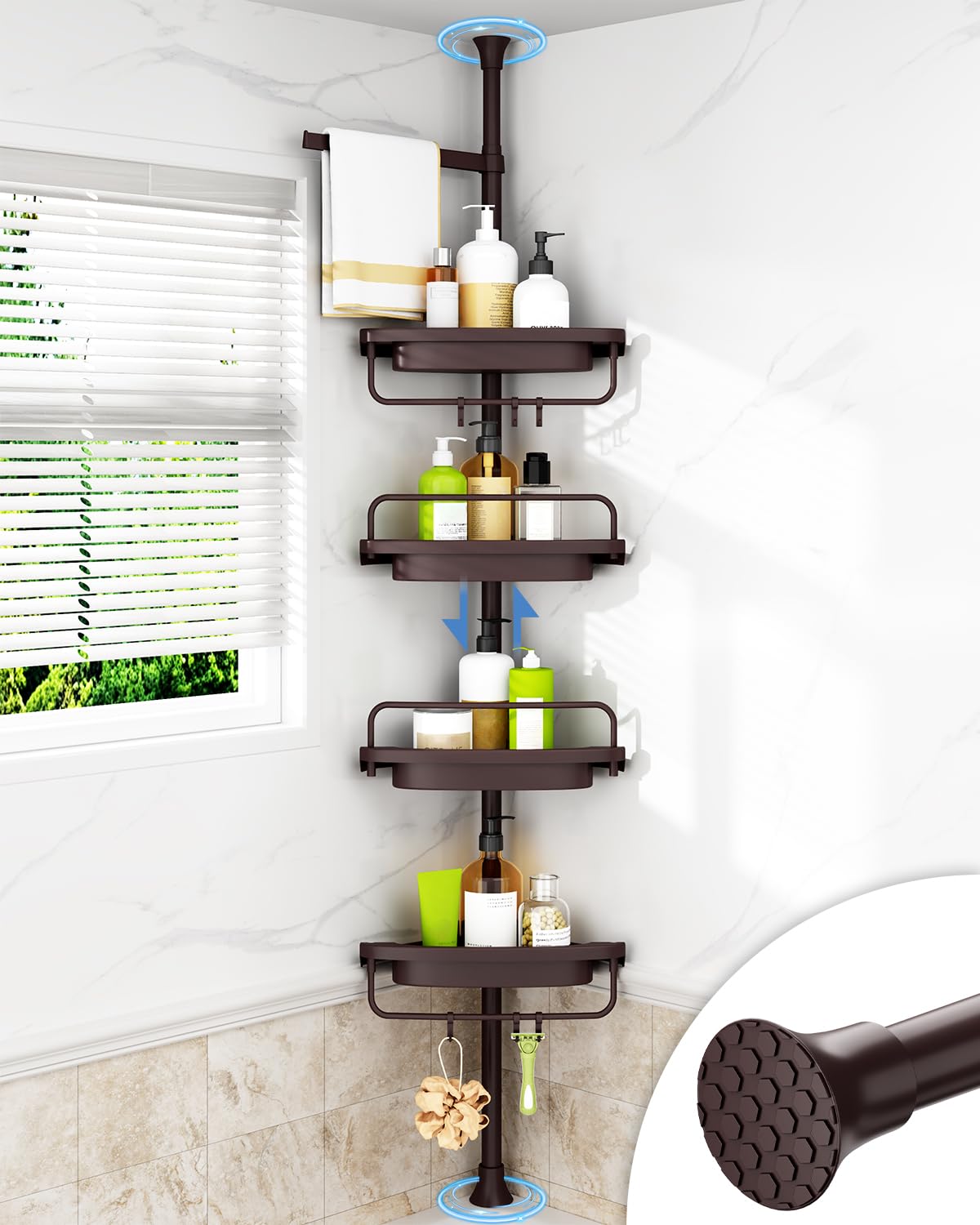 Corner Shower Caddy Tension Pole 4 Tier Rustproof Adjustable Bathroom Organizer Shelves Shower Storage Rack
