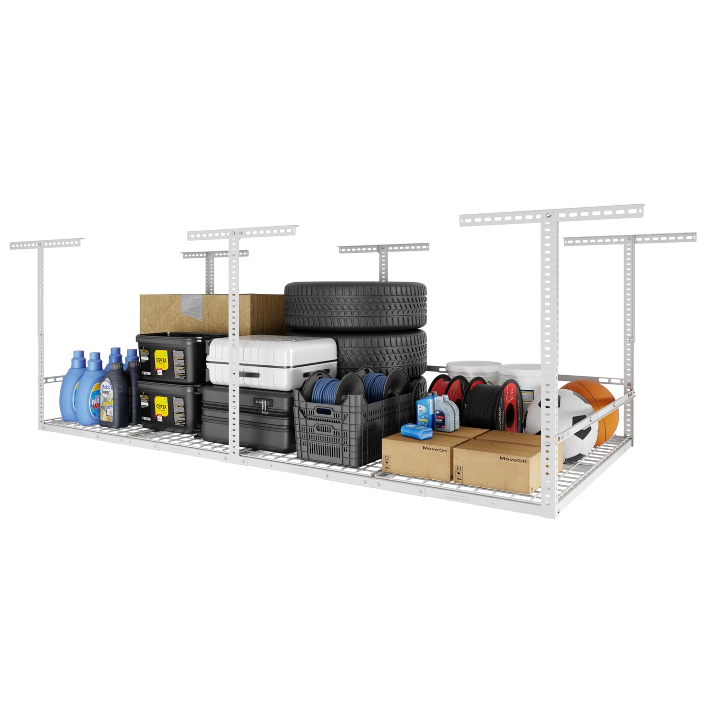 Overhead Garage Storage Rack 4x8 Adjustable Heavy Duty Ceiling Mounted Storage System 750 lbs Capacity Metal Garage Organizer Rack