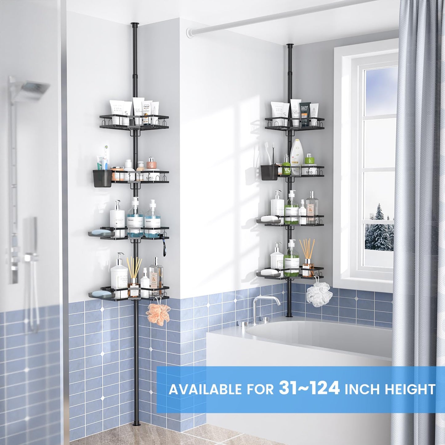 Corner Shower Caddy Tension Pole 4 Tier Rustproof Bathroom Organizer Adjustable Shampoo Shelf Rack