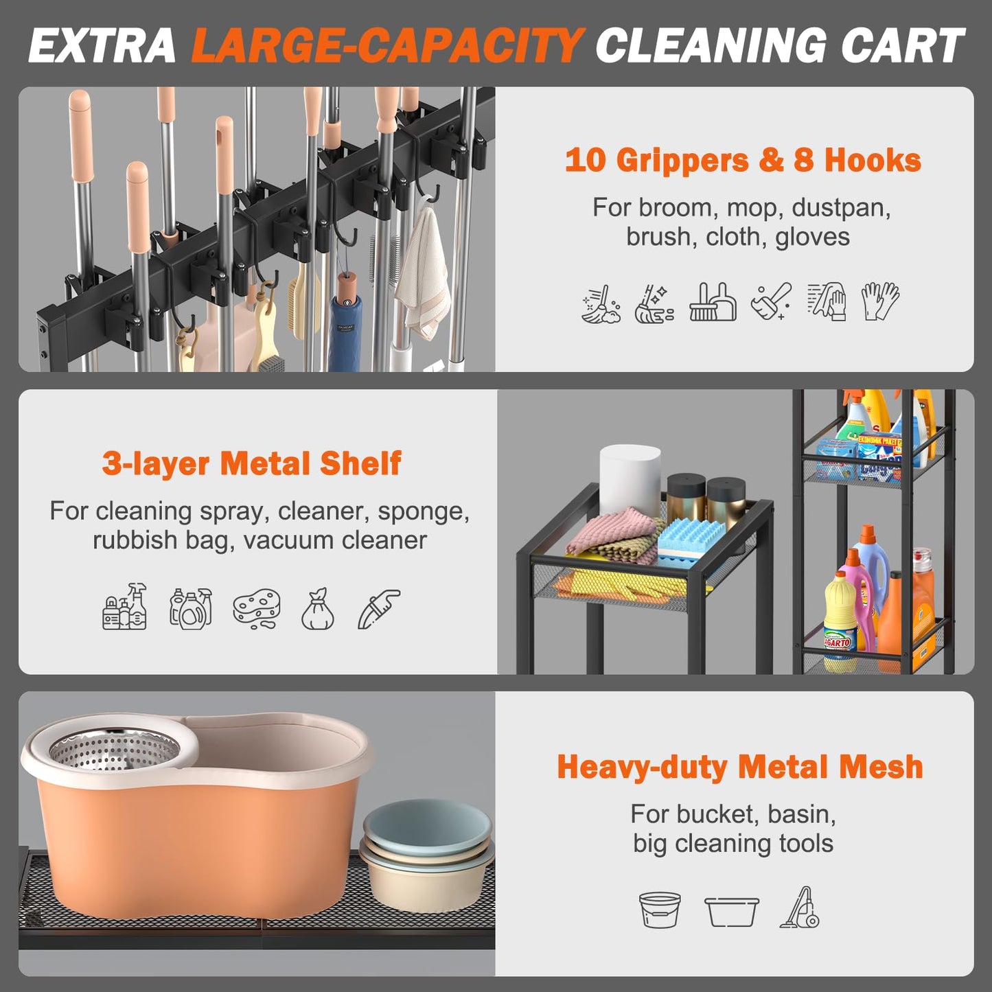 Broom Holder Cleaning Supplies Organizer Mop Vacuum Storage Rack Laundry Room Organizer Cart