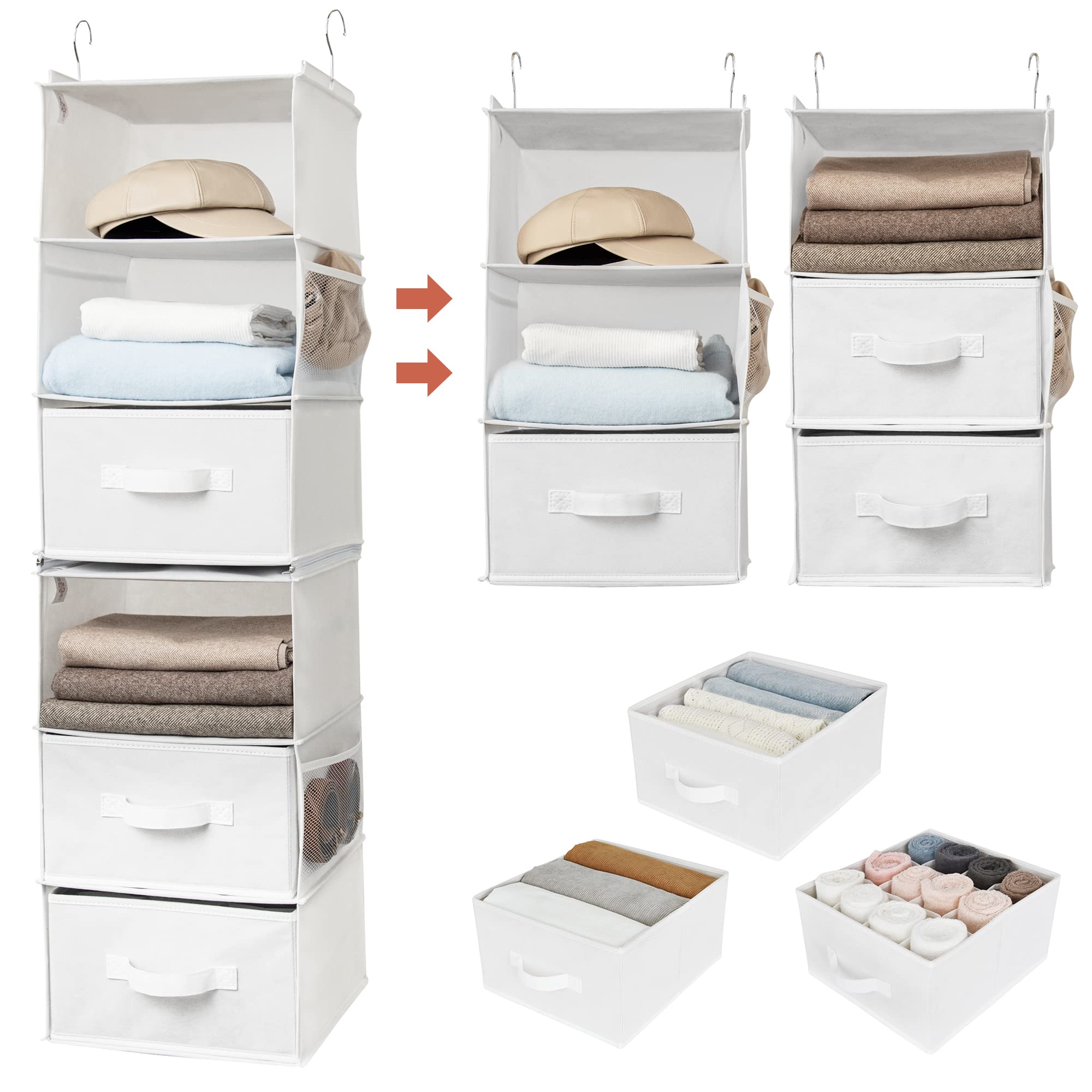 Hanging Closet Organizer 6 Shelf Storage Organizer with Drawers Side Pockets Closet Storage System