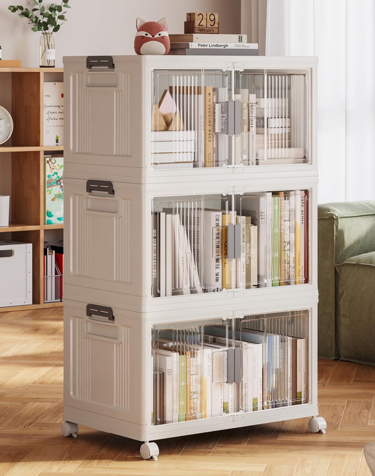 Folding Storage Bins with Doors and Wheels Collapsible Plastic Closet Storage Organizer Stackable Storage Boxes