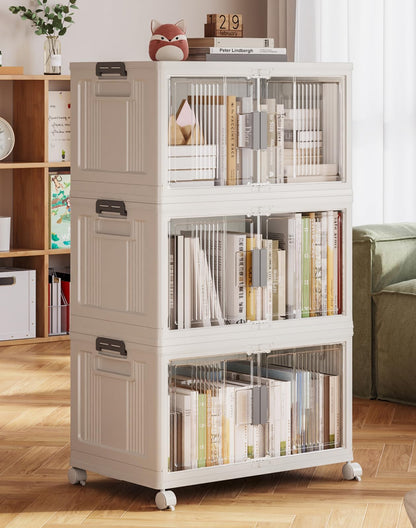 Folding Storage Bins with Doors and Wheels Collapsible Plastic Closet Storage Organizer Stackable Storage Boxes