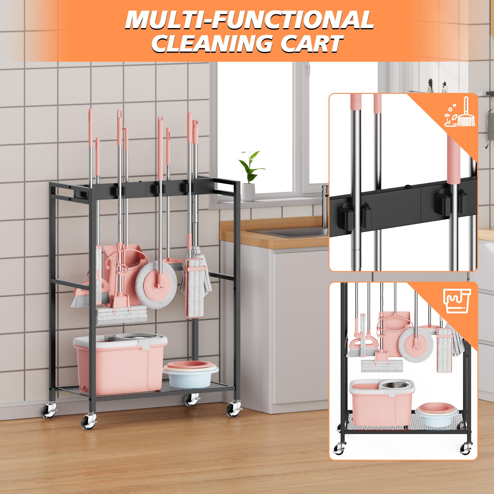 Broom and Mop Holder Closet Storage Cabinet Cleaning Supplies Organizer Mop Rack Storage System