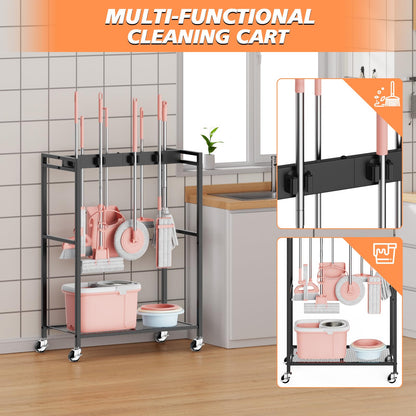 Broom and Mop Holder Closet Storage Cabinet Cleaning Supplies Organizer Mop Rack Storage System