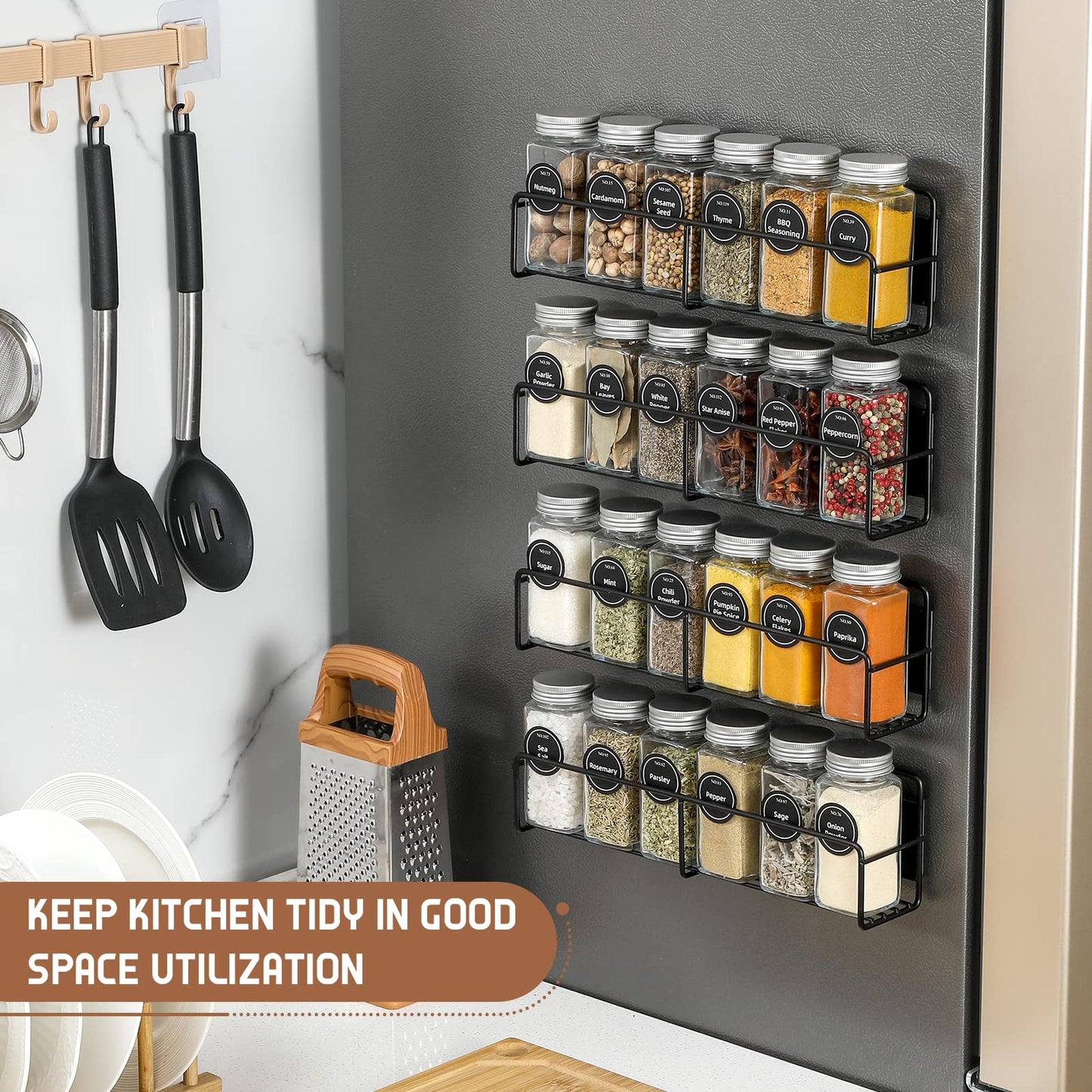 VITEVER Magnetic Spice Rack 4 Pack Glass Jars Label Set Organizer Refrigerator Storage