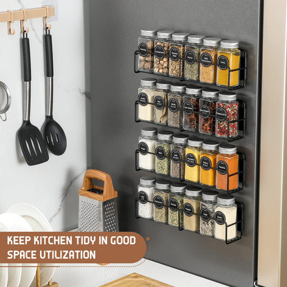 VITEVER Magnetic Spice Rack 4 Pack Glass Jars Label Set Organizer Refrigerator Storage