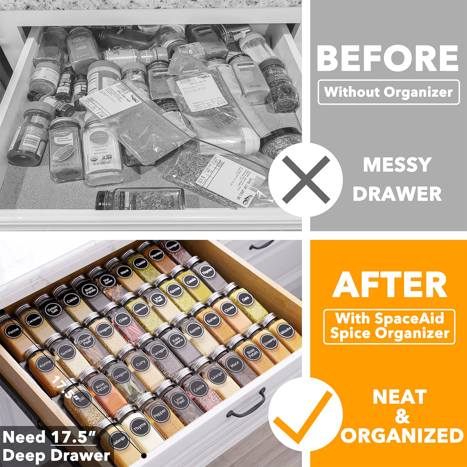Spice Drawer Organizer with 28 Spice Jars Labels and Marker Kitchen Drawer Storage Rack