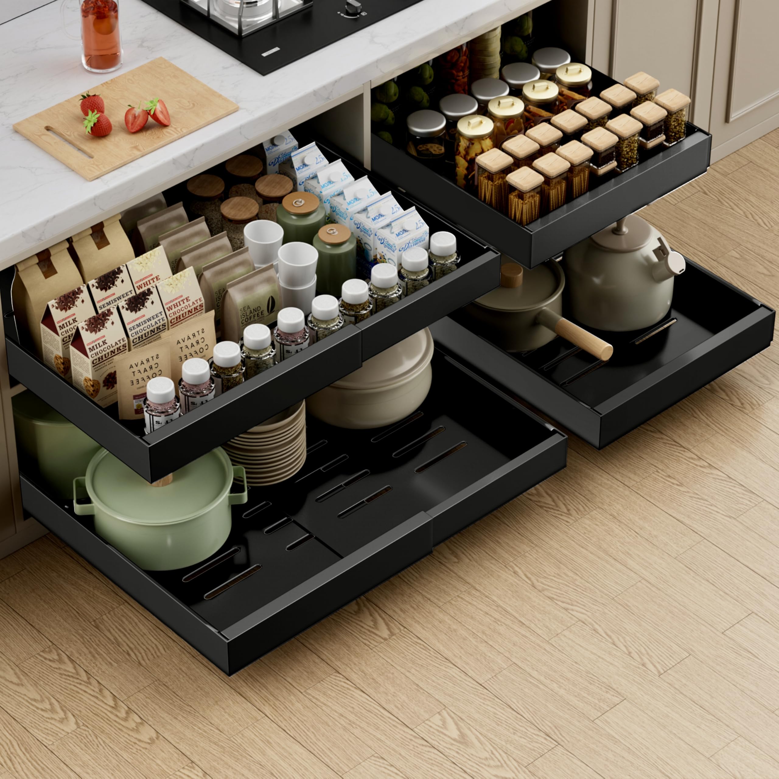 Pull Out Cabinet Organizer Expandable Sliding Drawer Kitchen Cabinet Storage Rack Adhesive Nano Film System