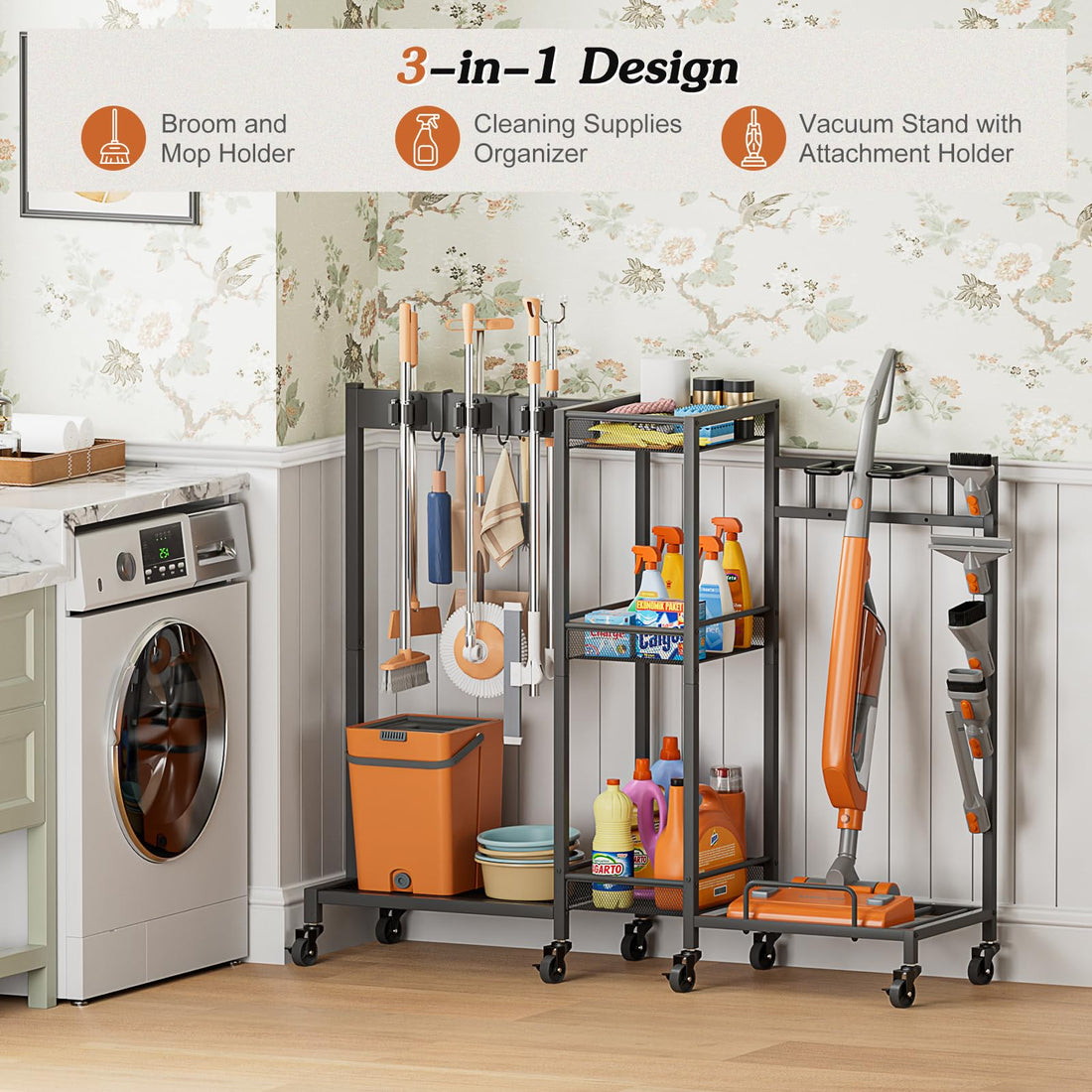 Broom Holder Cleaning Supplies Organizer Closet Storage Cabinet Mop Vacuum Storage Rack Laundry Room Organizer Cabinet