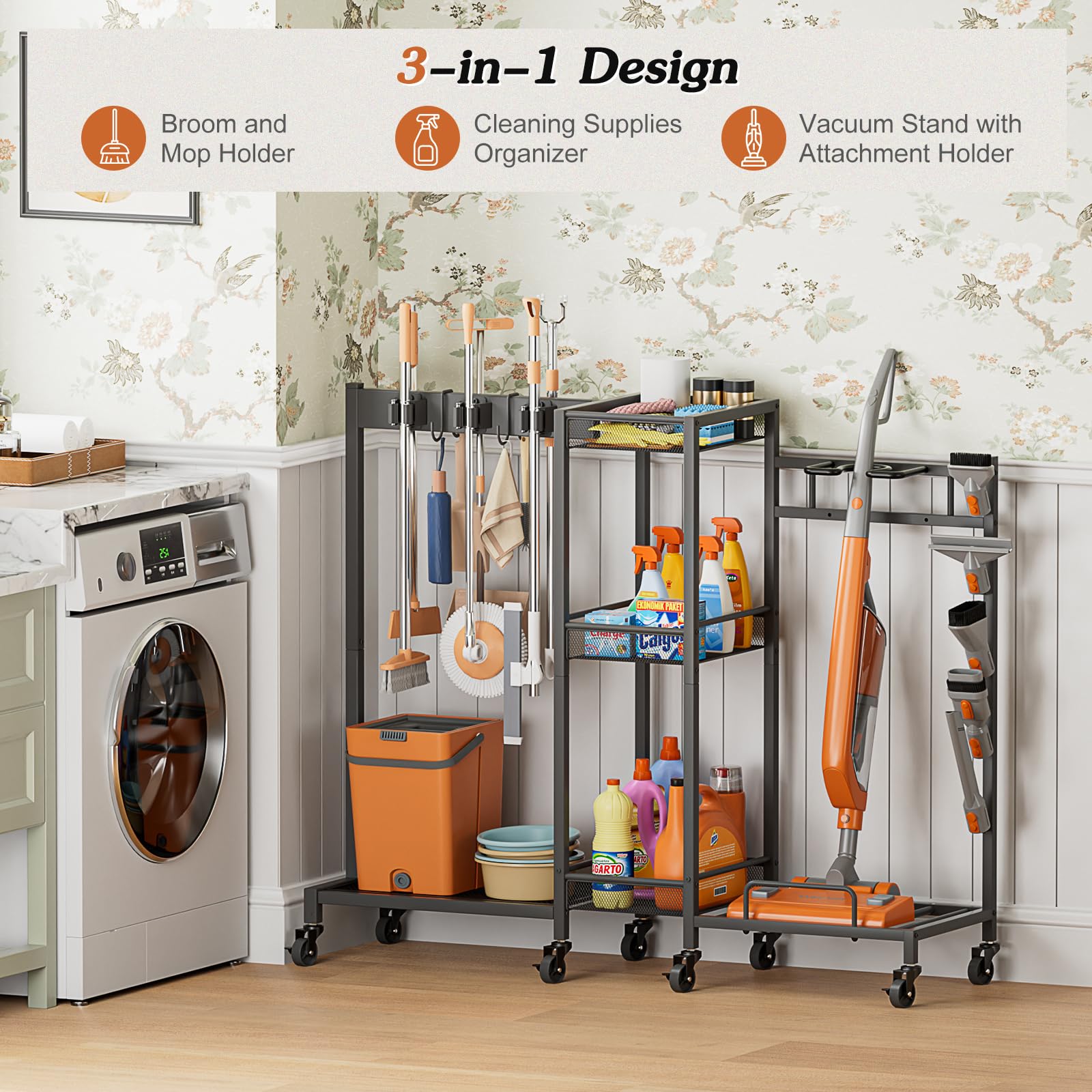 Broom Holder Cleaning Supplies Organizer Closet Storage Cabinet Mop Vacuum Storage Rack Laundry Room Organizer Cabinet