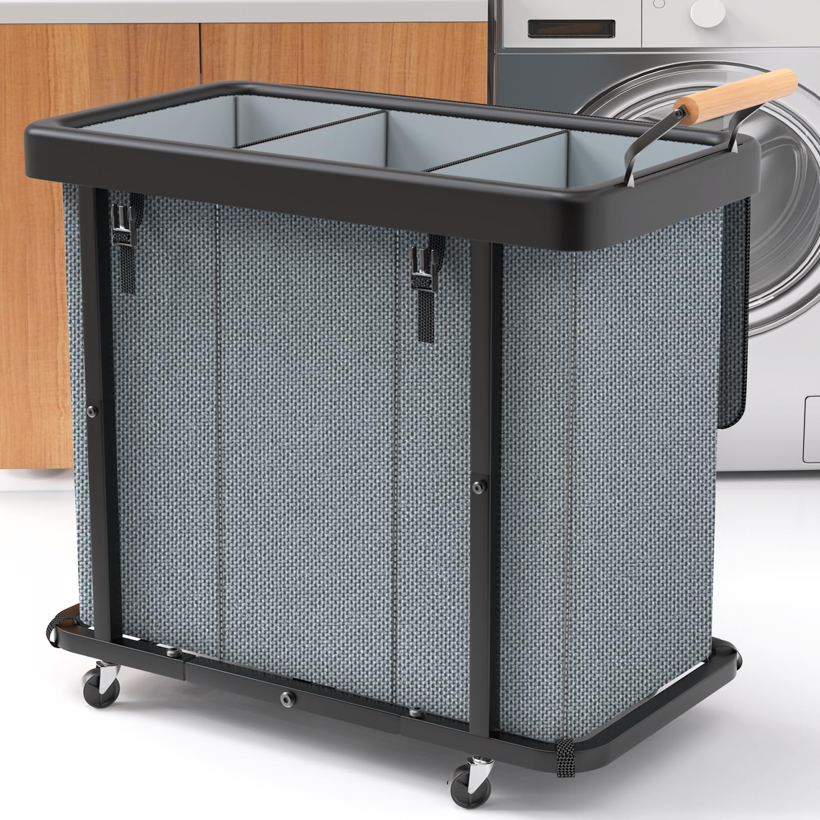 Extra Large 3 Section Rolling Laundry Hamper with Lid Metal Frame Clothes Sorter Cart Laundry Basket Organizer with Wheels