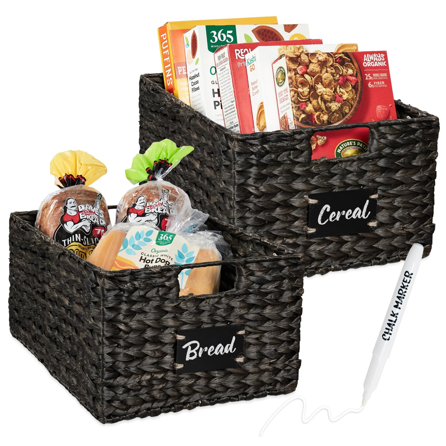 Woven Water Hyacinth Pantry Storage Baskets with Chalkboard Labels Set of 2