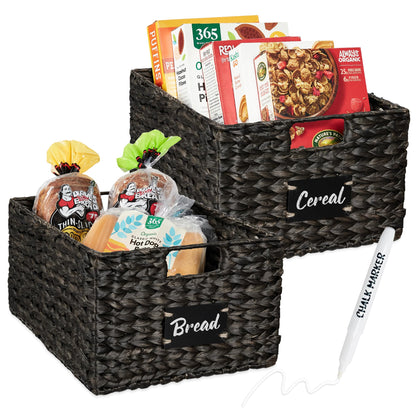 Woven Water Hyacinth Pantry Storage Baskets with Chalkboard Labels Set of 2
