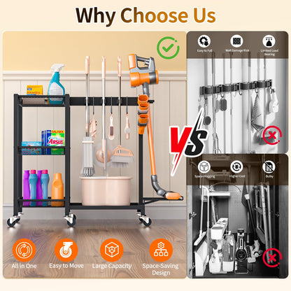 FLOUREE Broom Holder with Cleaning Supplies Organizer & Large Capacity