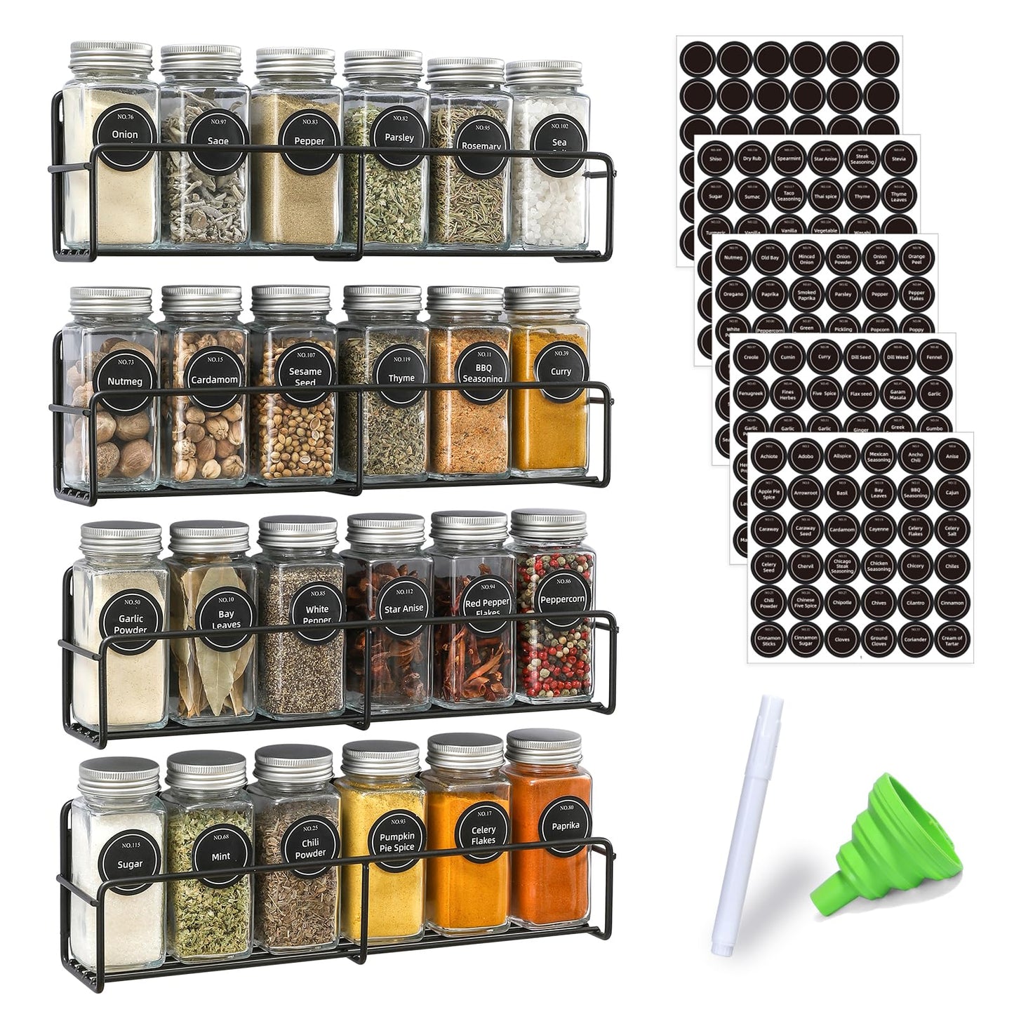 VITEVER Magnetic Spice Rack 4 Pack Glass Jars Label Set Organizer Refrigerator Storage