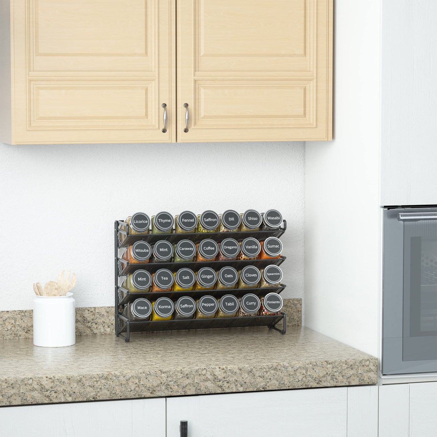 Spice Rack Organizer with Jars Labels Marker Funnel Cabinet Pantry Wall Mount Storage Set