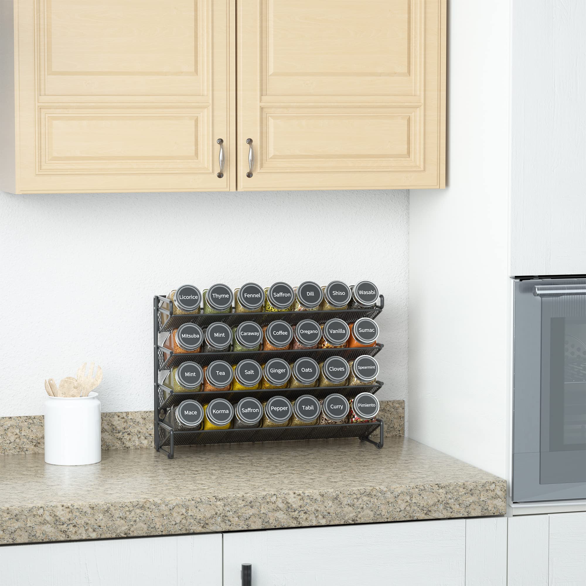 Spice Rack Organizer with Jars Labels Marker Funnel Cabinet Pantry Wall Mount Storage Set