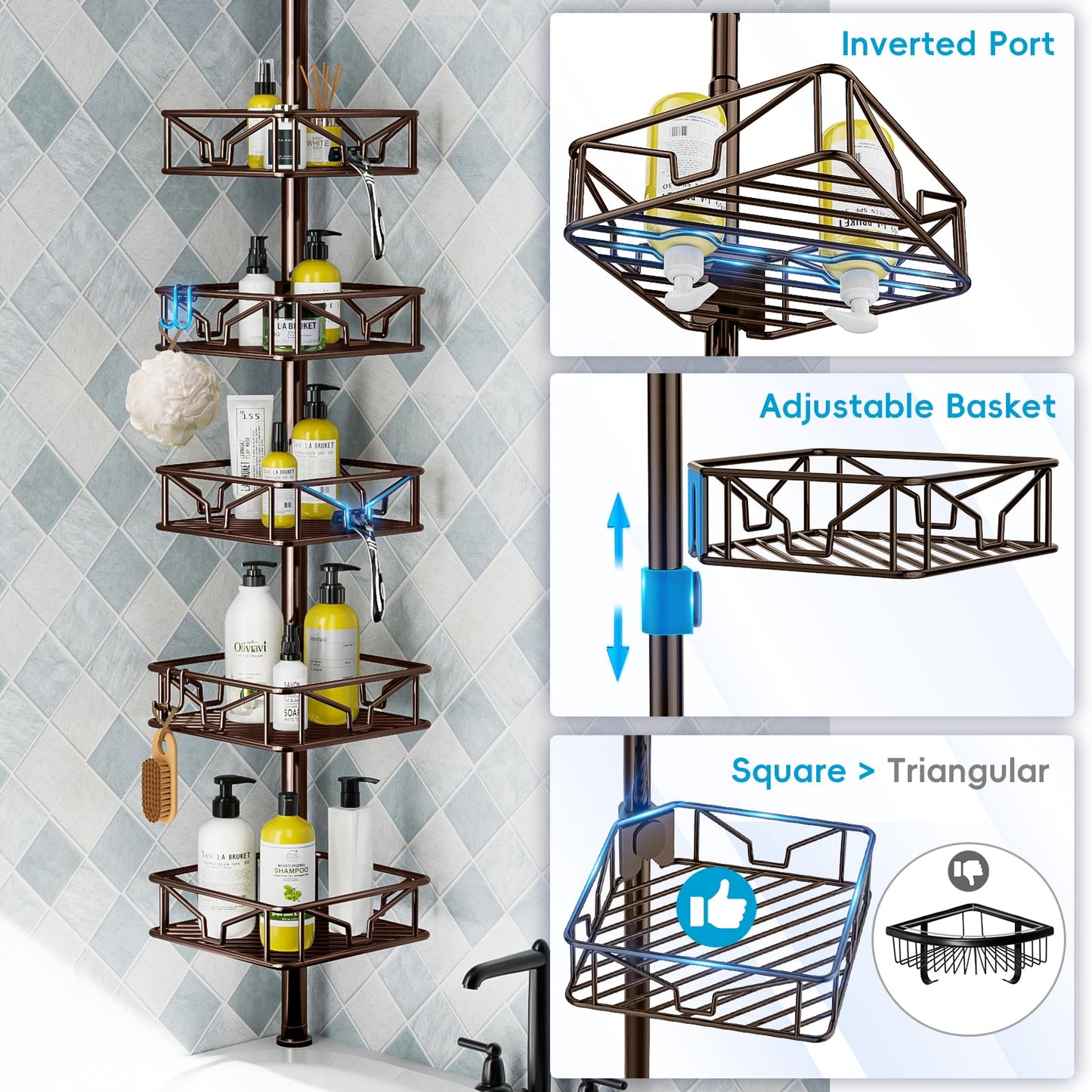 Corner Shower Caddy Tension Pole 5 Tier Adjustable Rustproof Bathroom Shower Organizer Hooks Storage Rack