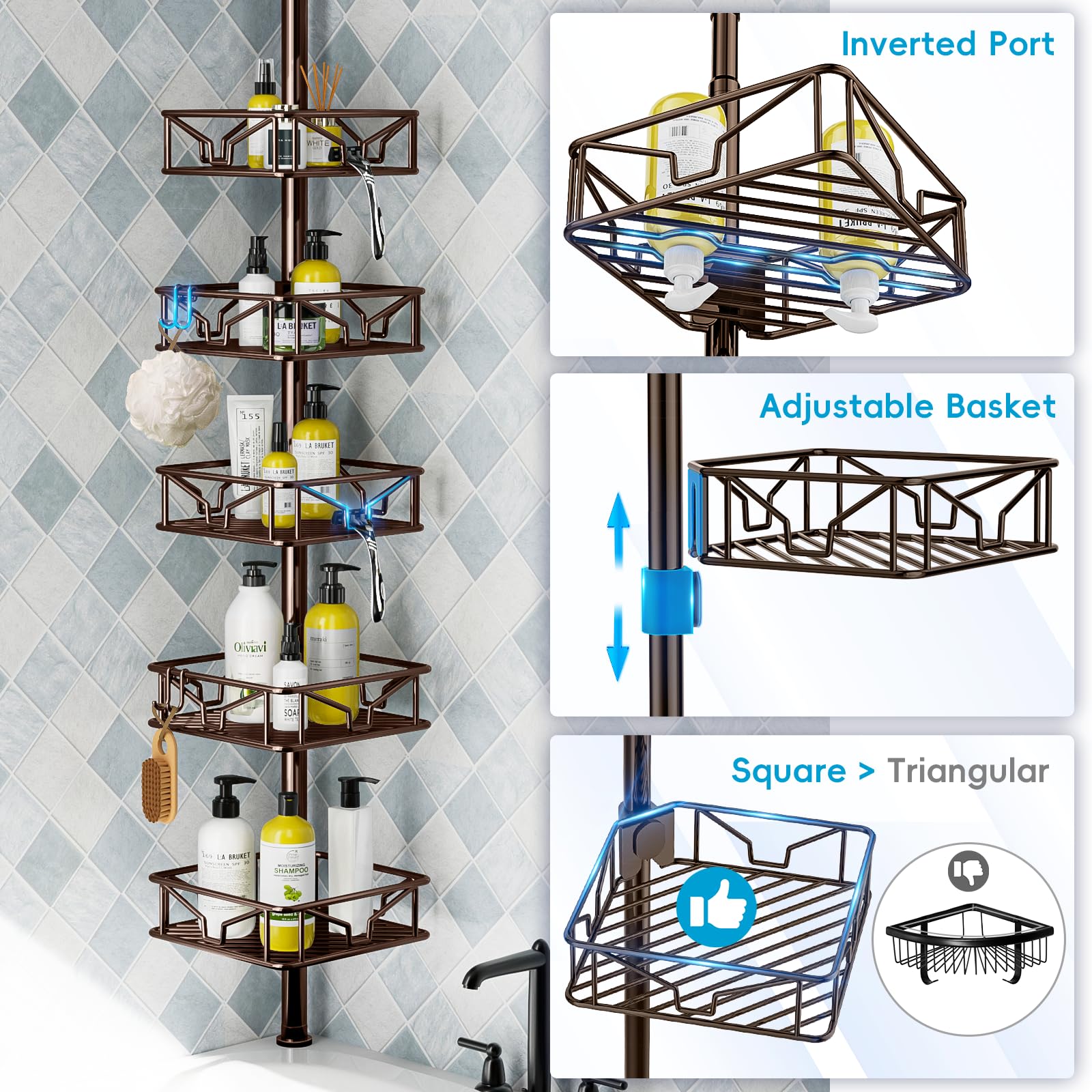 Corner Shower Caddy Tension Pole 5 Tier Adjustable Rustproof Bathroom Shower Organizer Hooks Storage Rack