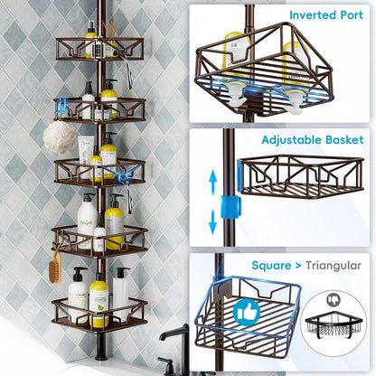 Corner Shower Caddy Tension Pole 5 Tier Adjustable Rustproof Bathroom Shower Organizer Hooks Storage Rack