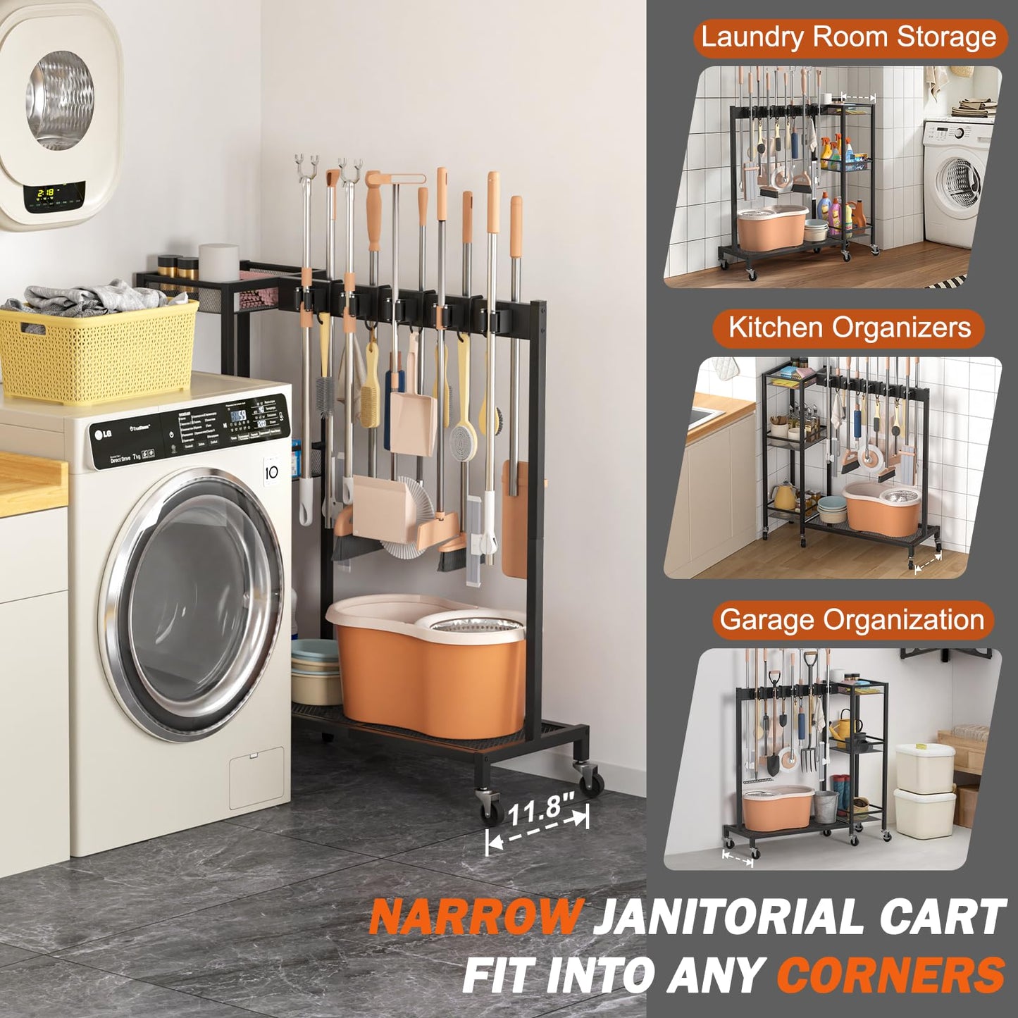 Broom Holder Cleaning Supplies Organizer Mop Vacuum Storage Rack Laundry Room Organizer Cart
