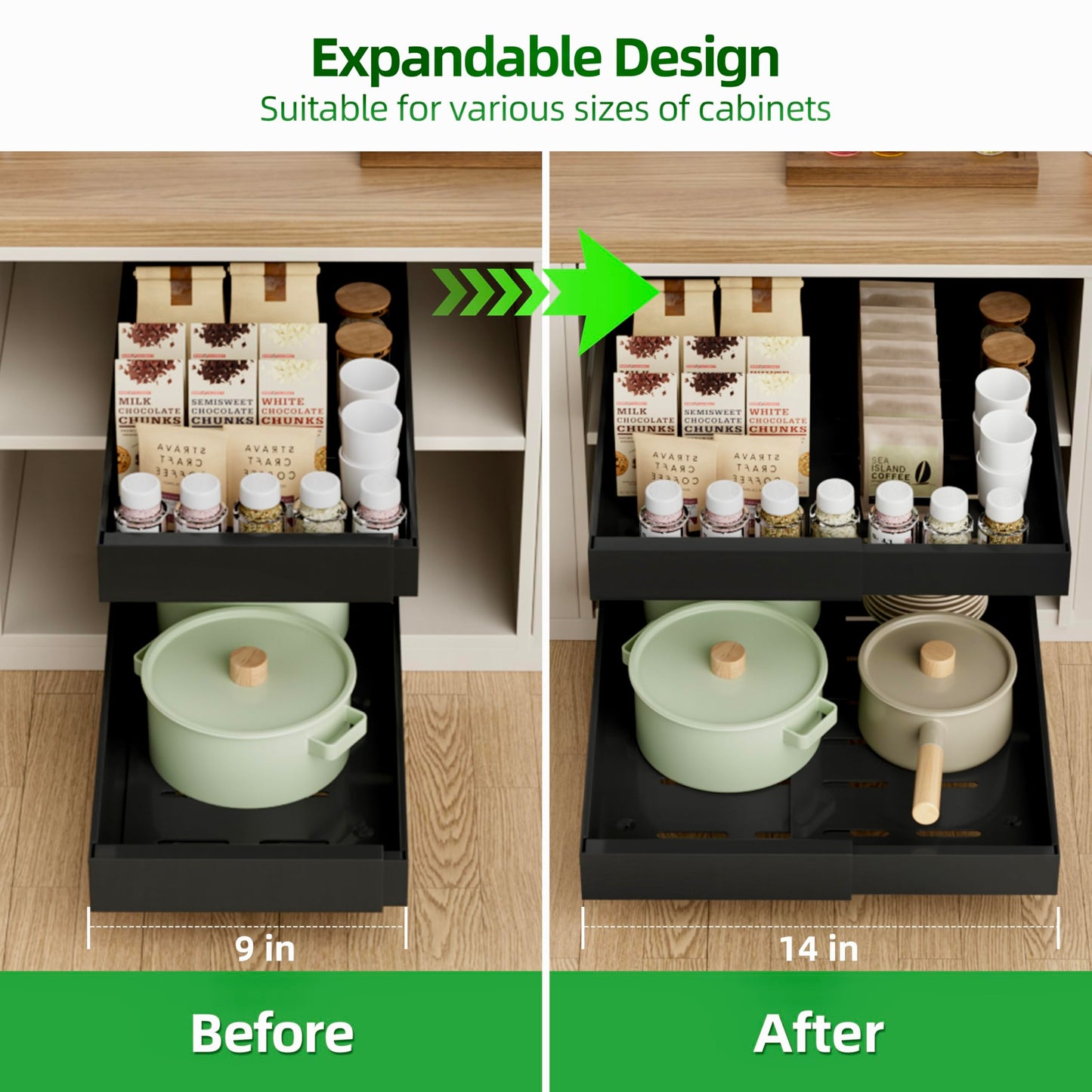 Pull Out Cabinet Organizer Expandable Sliding Drawer Kitchen Cabinet Storage Rack Adhesive Nano Film System